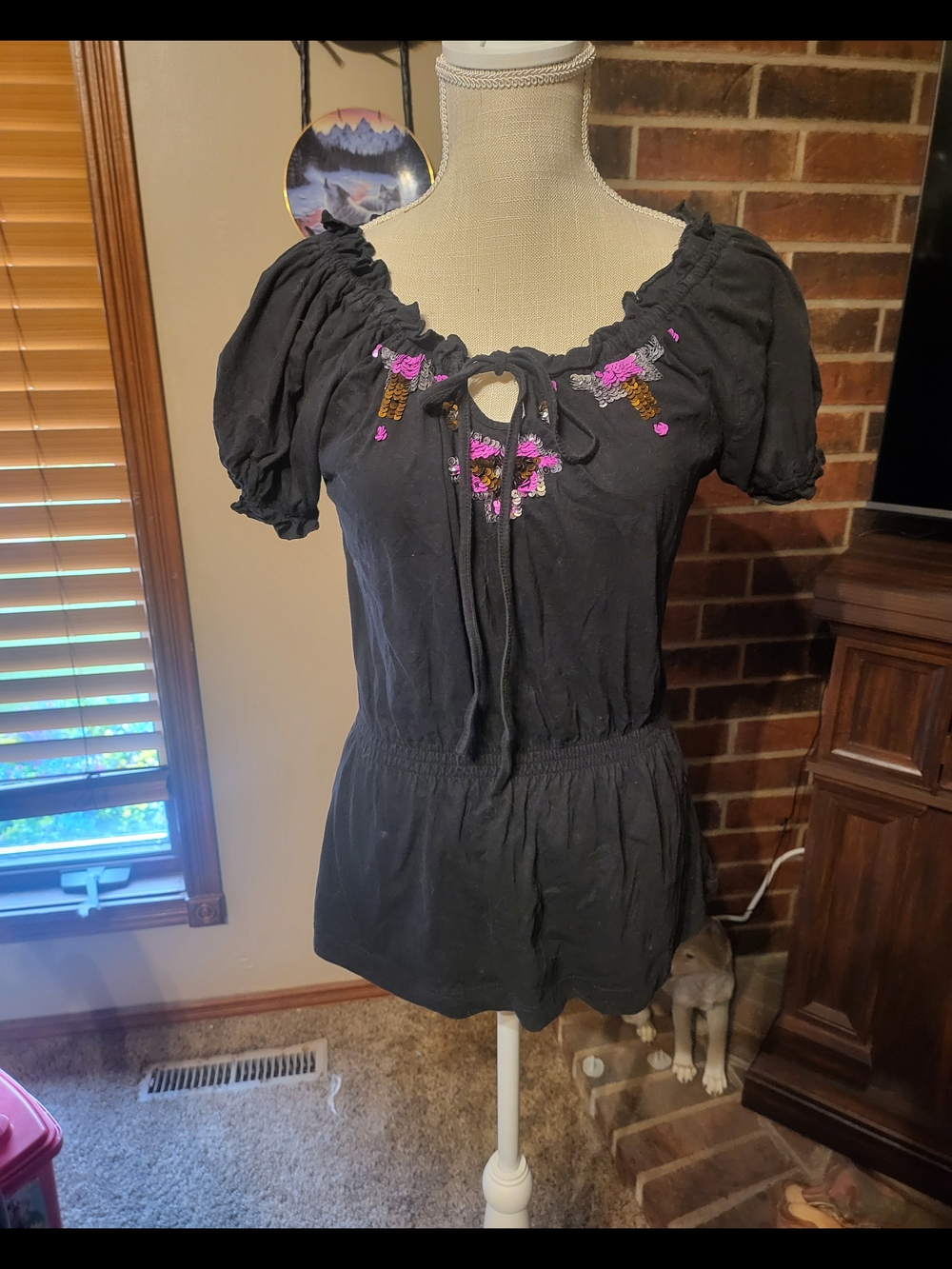 Shyanne Women's Black Embroidered Peasant Top with Tie Neck